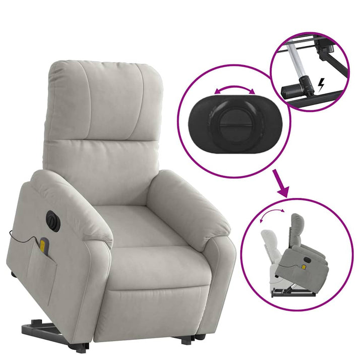 massagestol med løftefunktion mikrofiberstof lysegrå