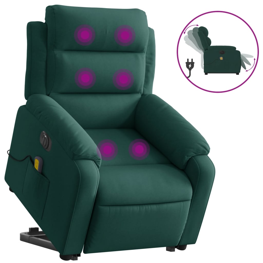 massagestol med løftefunktion velour mørkegrøn
