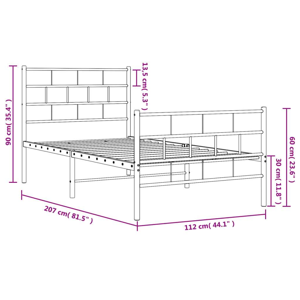 sengeramme med sengegavl og fodgærde 107x203 cm metal sort