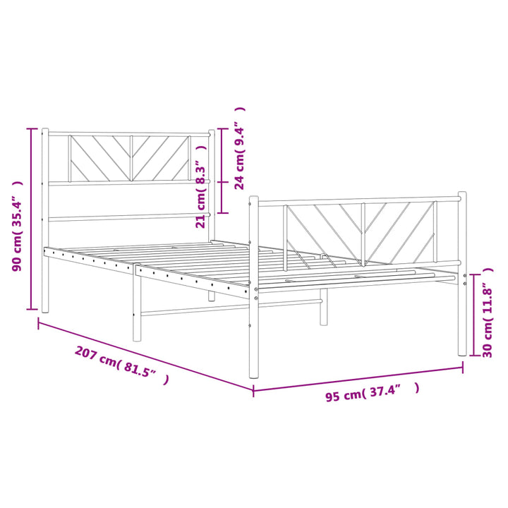 sengeramme med sengegavl og fodgærde 90x200 cm metal sort