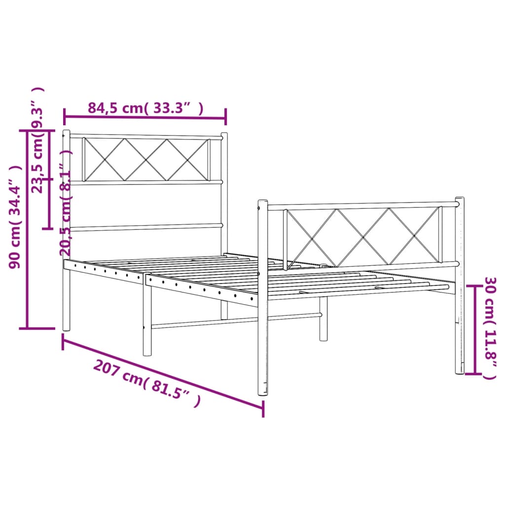 sengeramme med sengegavl og fodgærde 80x200 cm metal hvid