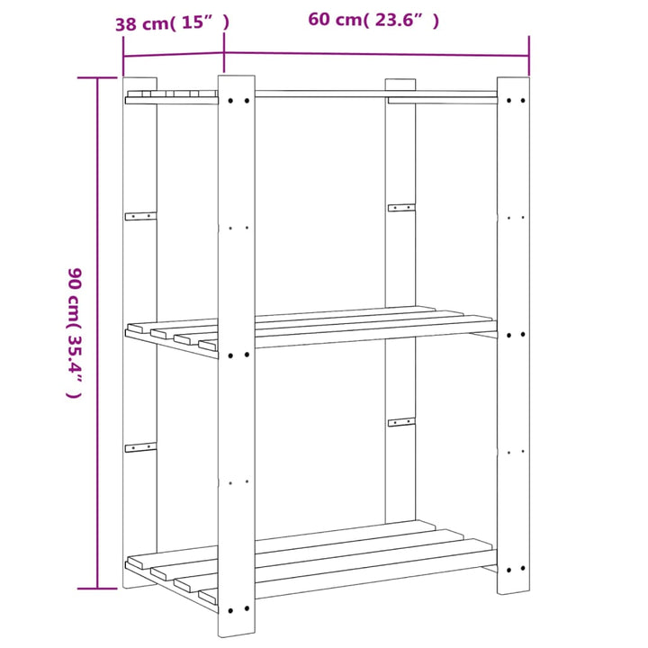 opbevaringsreol 3 hylder 60x38x90 cm massivt fyrretræ grå
