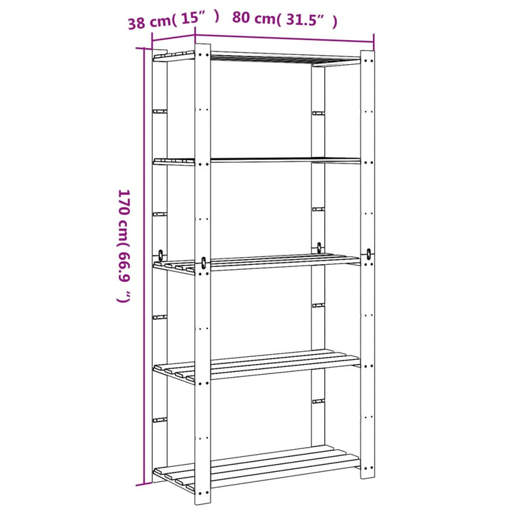 opbevaringsreol 5 hylder 80x38x170 cm massivt fyrretræ brun