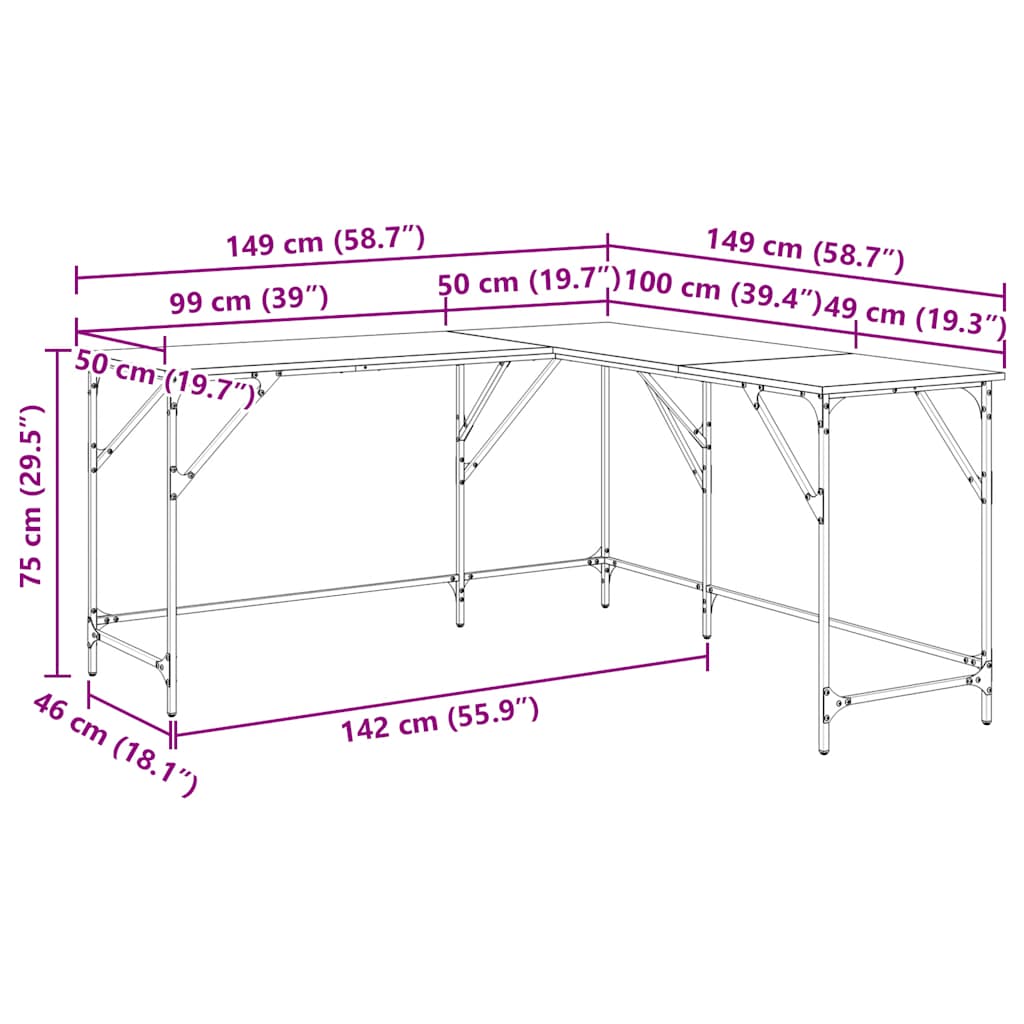 skrivebord 149x149x75 cm konstrueret træ røget egetræsfarve