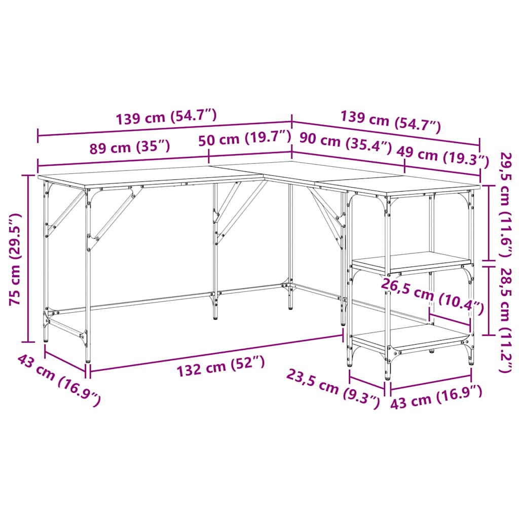 skrivebord 139x139x75 cm konstrueret træ røget egetræsfarve
