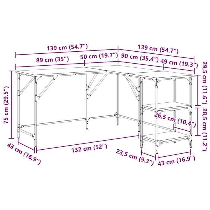 skrivebord 139x139x75 cm konstrueret træ røget egetræsfarve