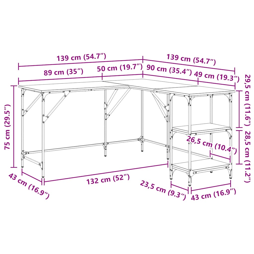 skrivebord 139x139x75 cm konstrueret træ brun egetræsfarve