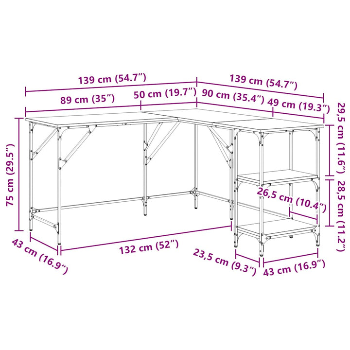 skrivebord 139x139x75 cm konstrueret træ brun egetræsfarve