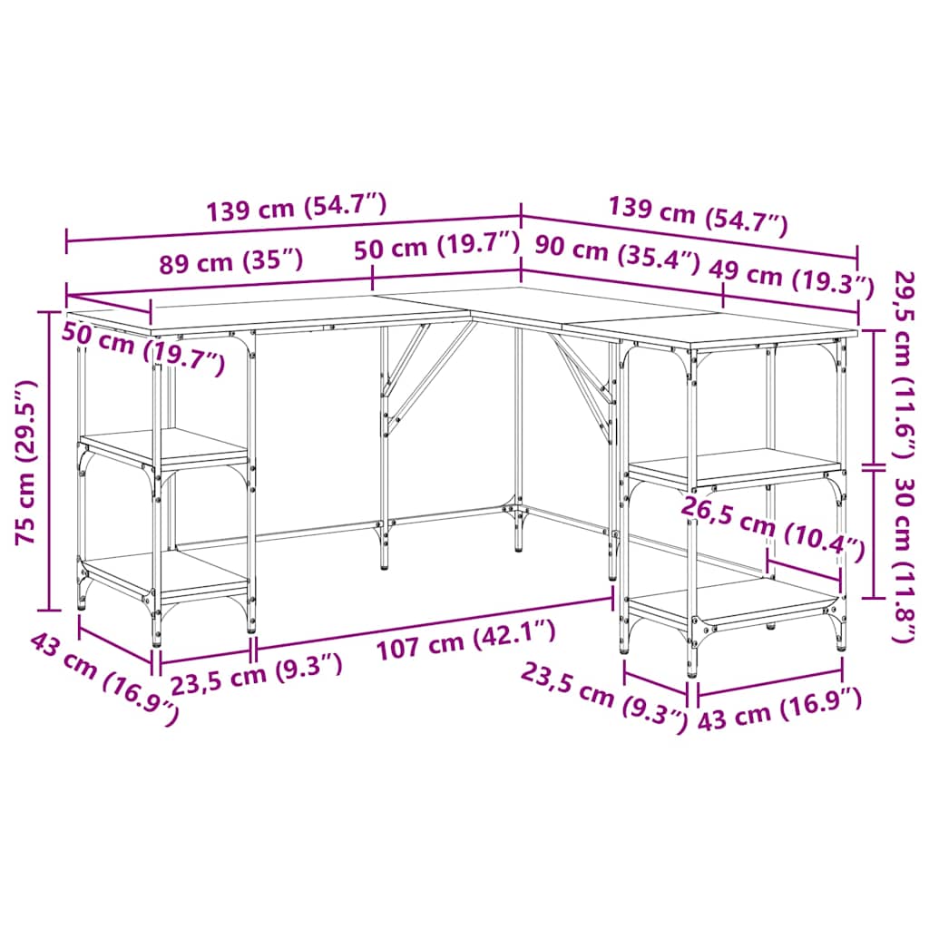 skrivebord 139x139x75 cm konstrueret træ sort
