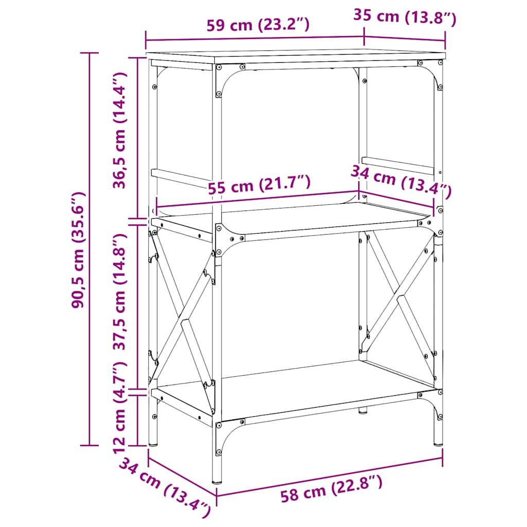 bogreol med 3 hylder 59x35x90,5 cm konstrueret træ røget eg