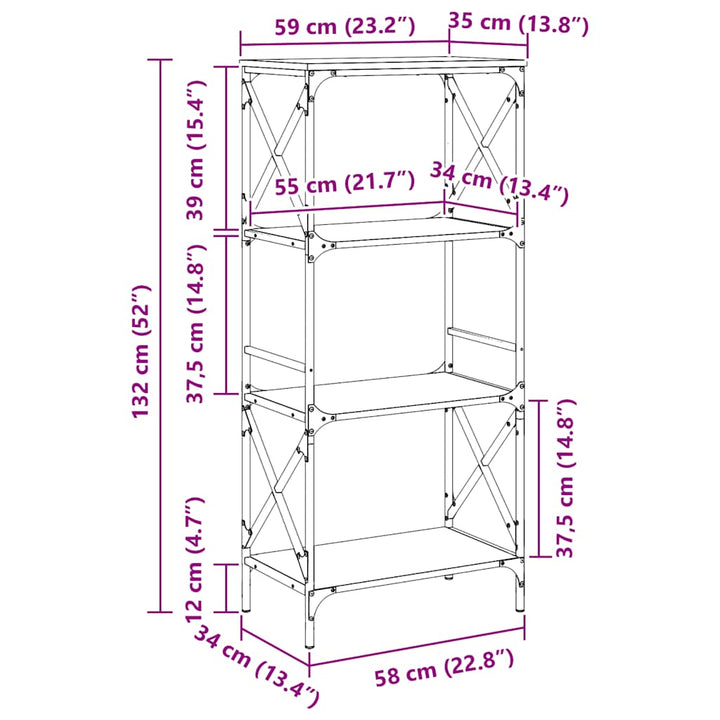 bogreol 4 hylder 59x35x132 cm konstrueret træ brunt eg
