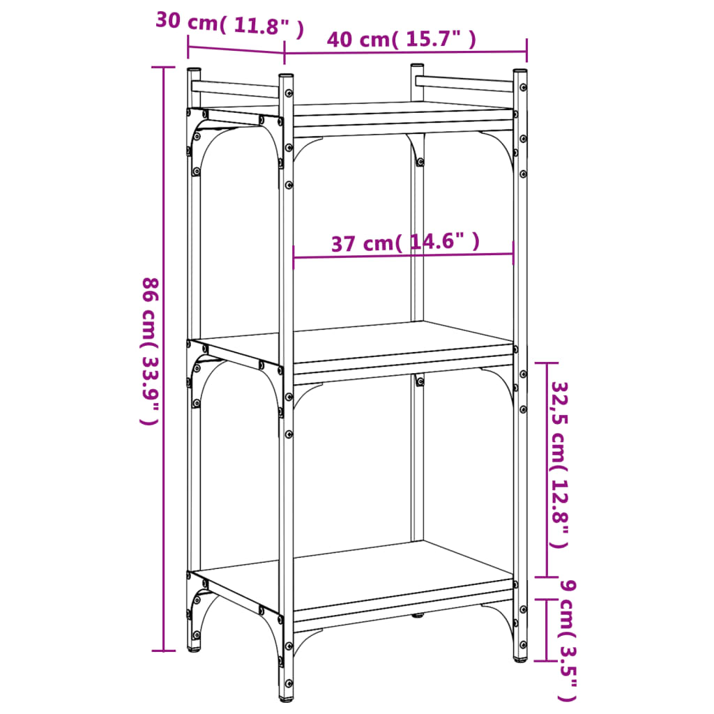 bogreol 3 hylder 40x30x86 cm konstrueret træ brun