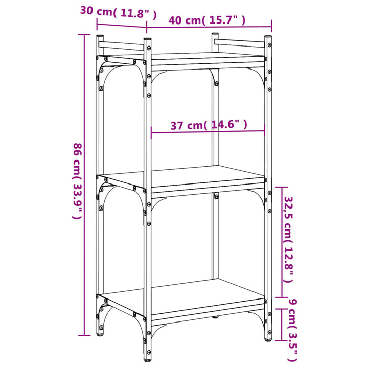 bogreol 3 hylder 40x30x86 cm konstrueret træ brun
