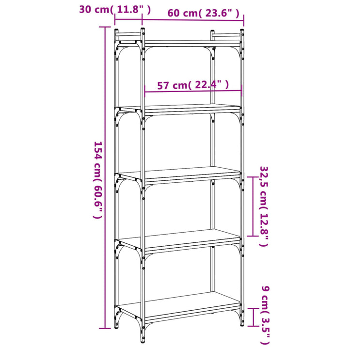 bogreol 5 hylder 60x30x154 cm konstrueret træ brunt eg