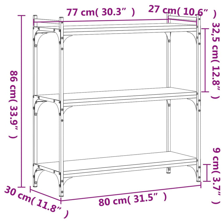 bogreol med 3 hylder 80x30x86 cm konstrueret træ sort