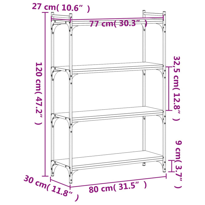 bogreol 4 hylder 80x30x120 cm konstrueret træ grå sonoma-eg