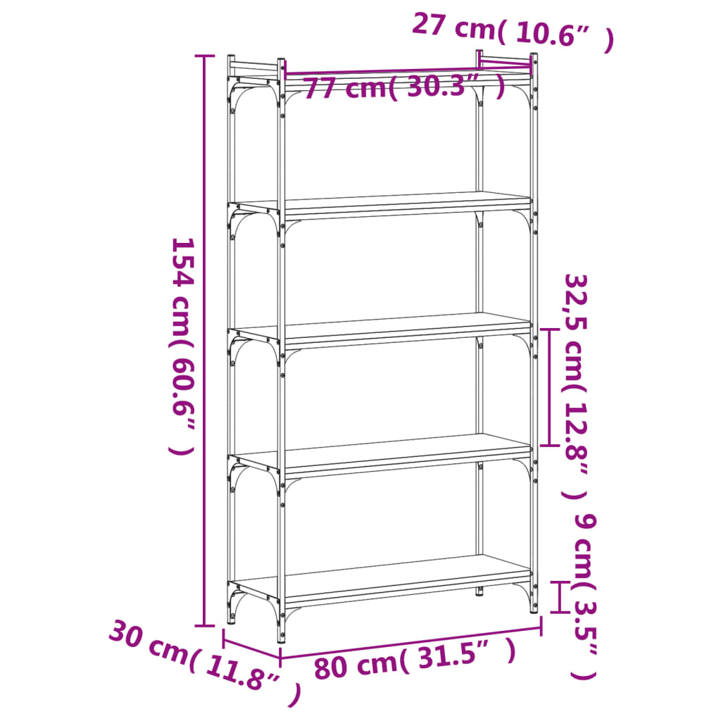 bogreol med 5 hylder 80x30x154 cm konstrueret træ sort