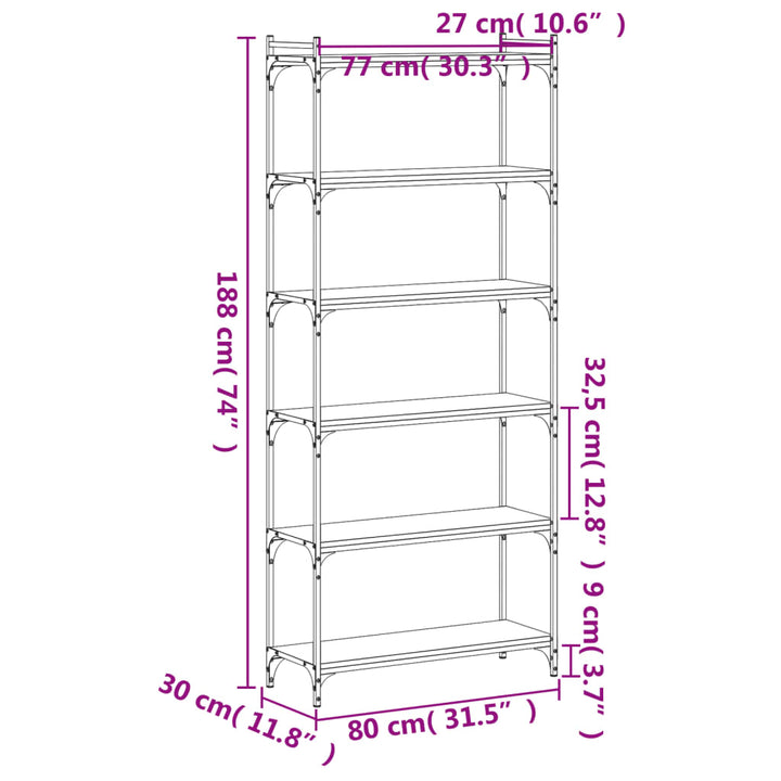 bogreol med 6 hylder 80x30x188 cm konstrueret træ sort