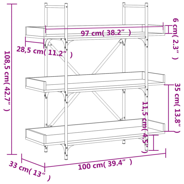 bogreol med 3 hylder 100x33x108,5 cm konstrueret træ sonoma-eg