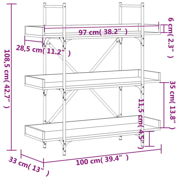 bogreol med 3 hylder 100x33x108,5 cm konstrueret træ røget eg