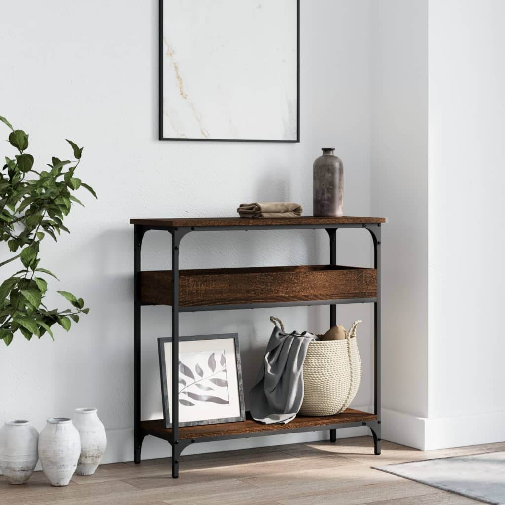 konsolbord med hylde 75x29x75 cm konstrueret træ brunt egetræ