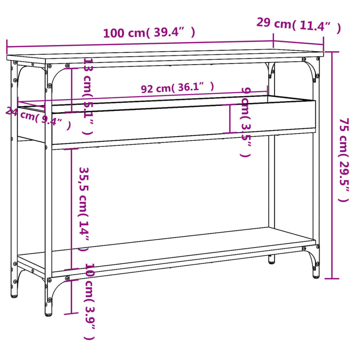konsolbord med hylde 100x29x75 cm konstrueret træ grå sonoma-eg
