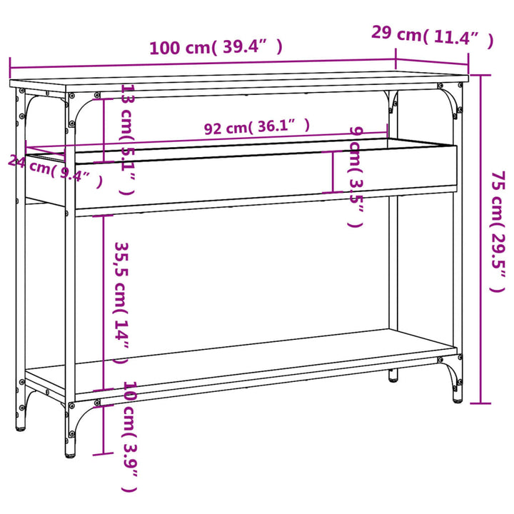 konsolbord med hylde 100x29x75 cm konstrueret træ brunt egetræ