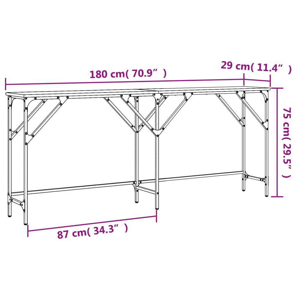 konsolbord 180x29x75 cm konstrueret træ brun egetræsfarve
