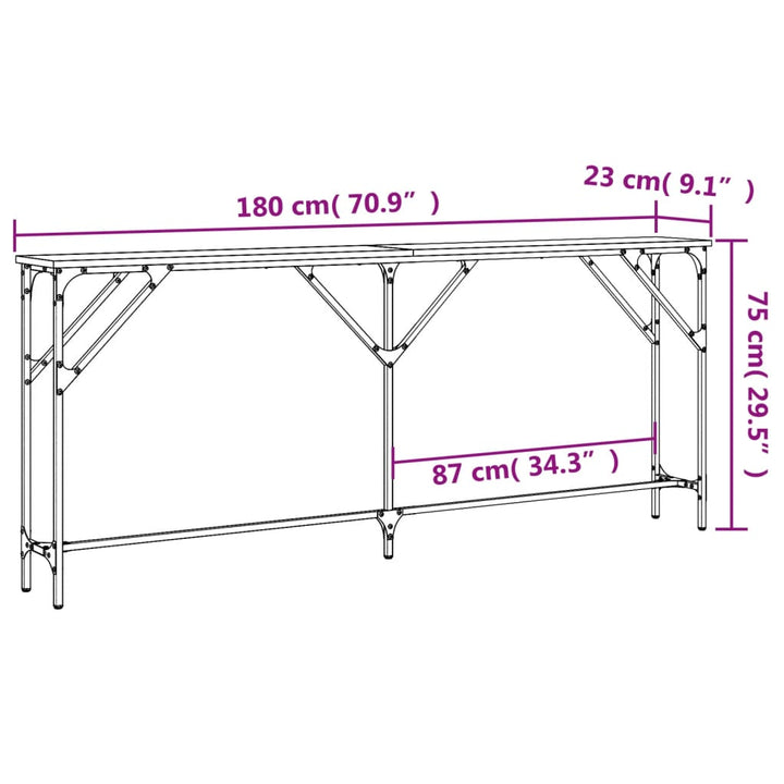 konsolbord 180x23x75 cm konstrueret træ røget egetræsfarve