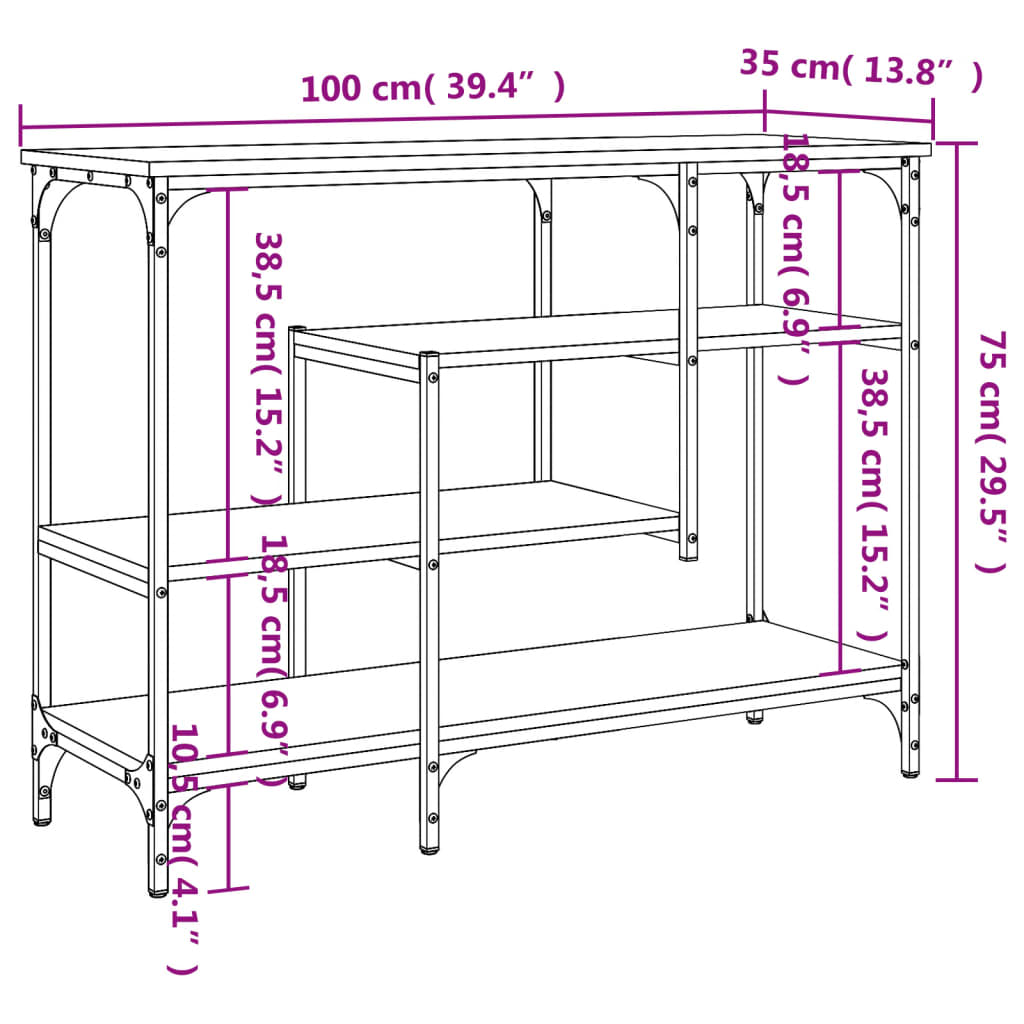 konsolbord med hylder 100x35x75 cm sort
