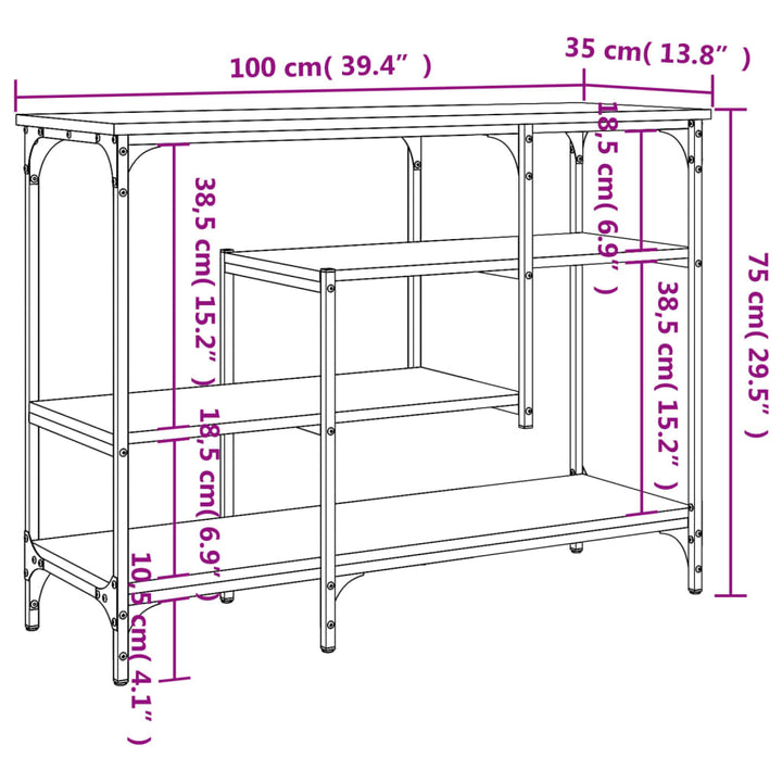 konsolbord med hylder 100x35x75 cm brun egetræsfarve