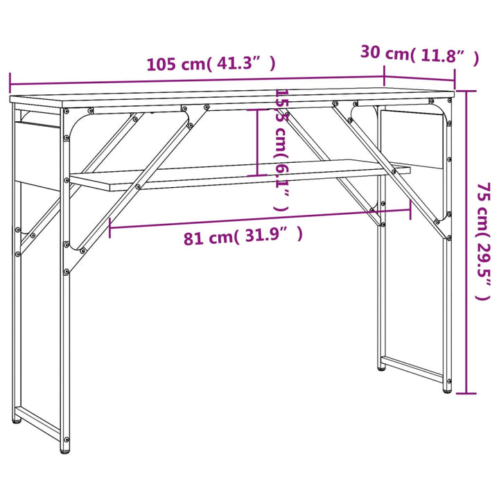 konsolbord med hylde 105x30x75 cm konstrueret træ sonoma-eg