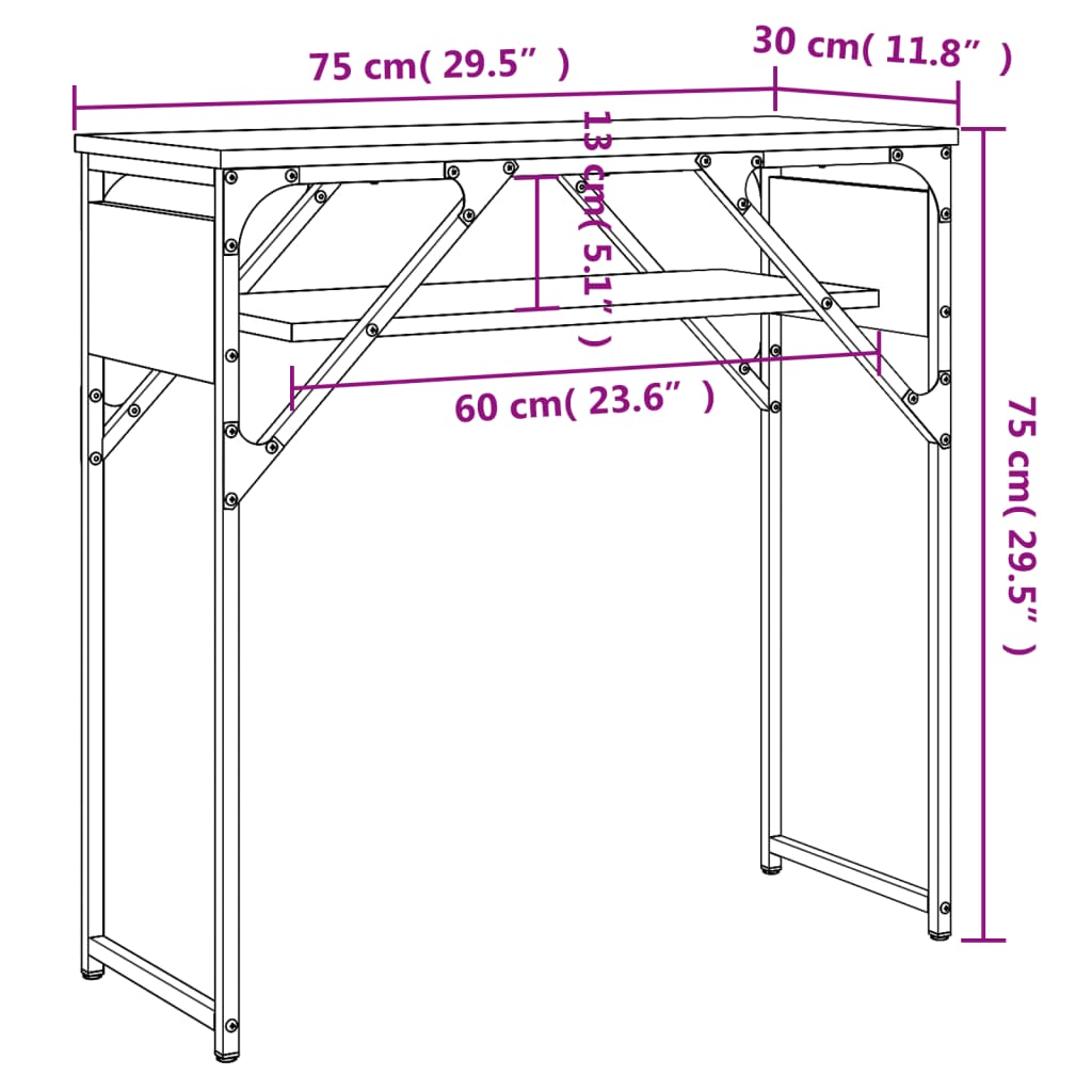 konsolbord med hylde 75x30x75 cm konstrueret træ sort