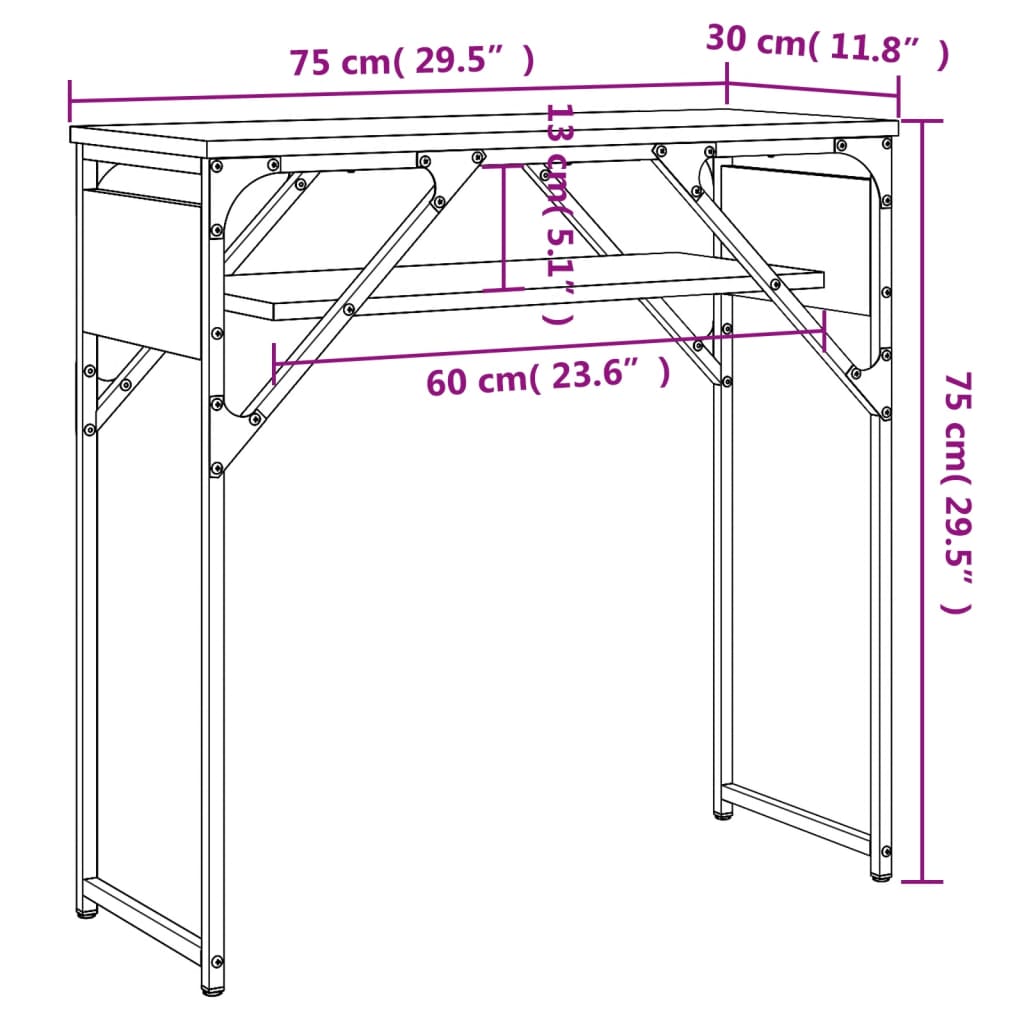 konsolbord med hylde 75x30x75 cm konstrueret træ sonoma-eg