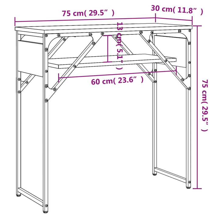konsolbord med hylde 75x30x75 cm konstrueret træ røget eg