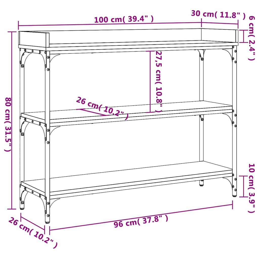 konsolbord med hylder 100x30x80 cm sort