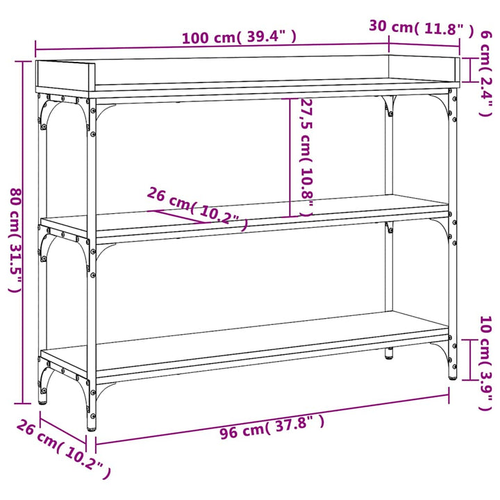 konsolbord med hylder 100x30x80 cm sort