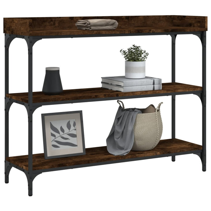 konsolbord med hylder 100x30x80 cm røget egetræsfarve
