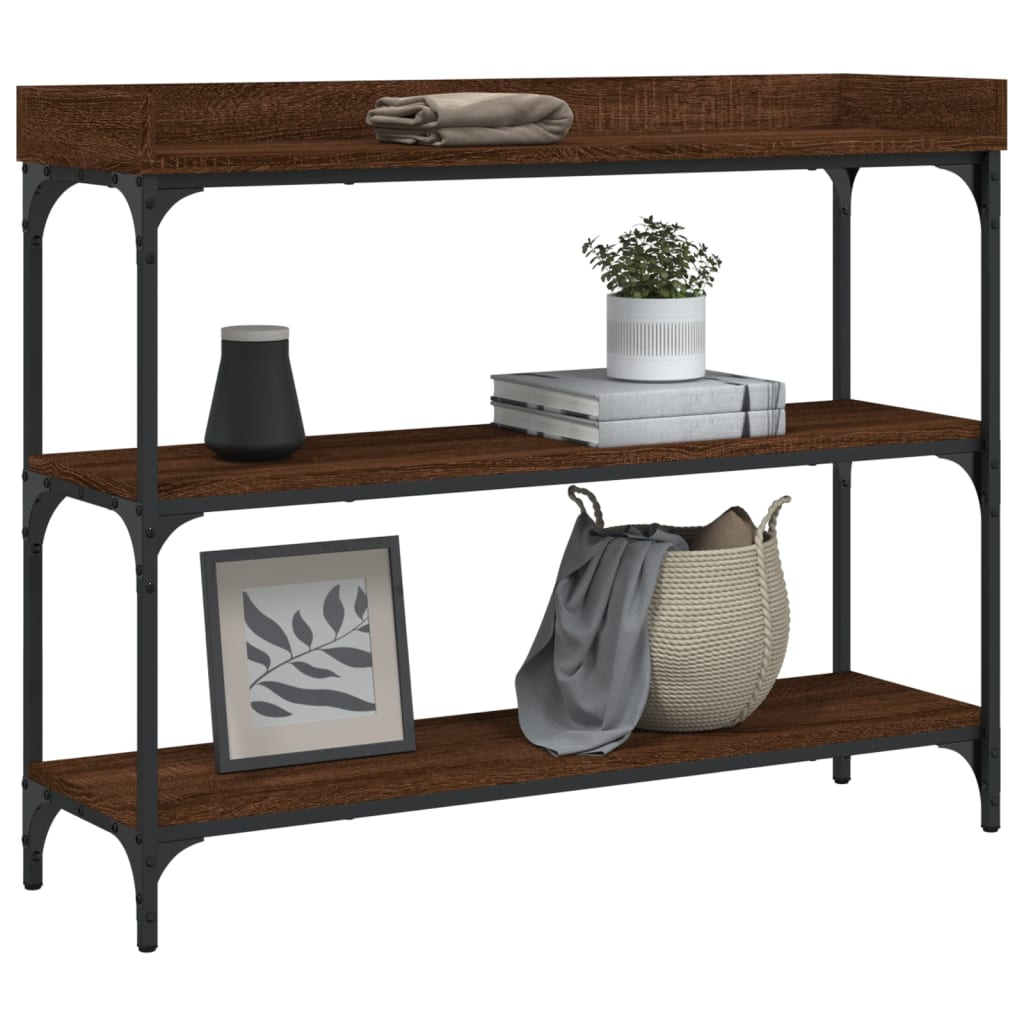 konsolbord med hylder 100x30x80 cm brun egetræsfarve