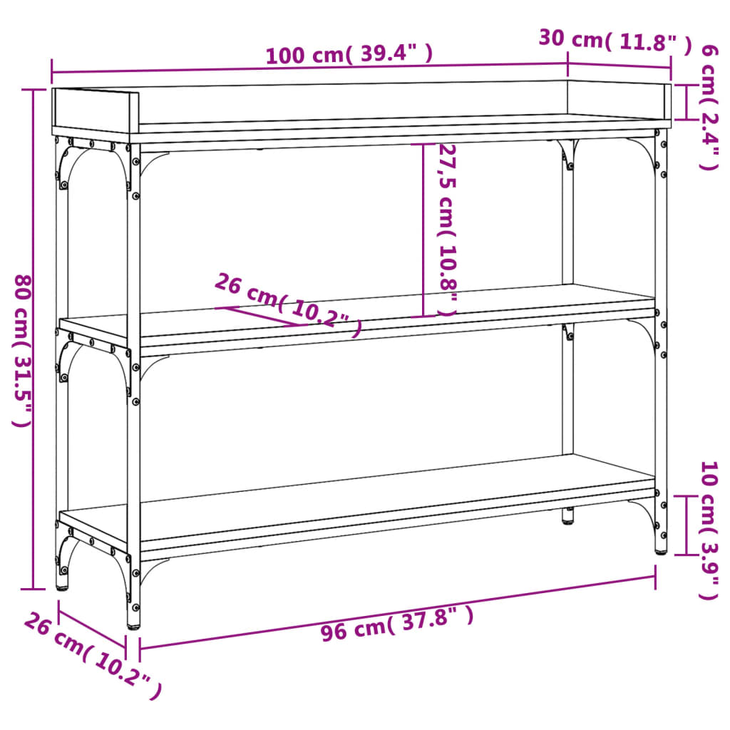 konsolbord med hylder 100x30x80 cm brun egetræsfarve