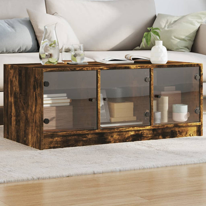 sofabord med glaslåger 102x50x42 cm røget egetræsfarve
