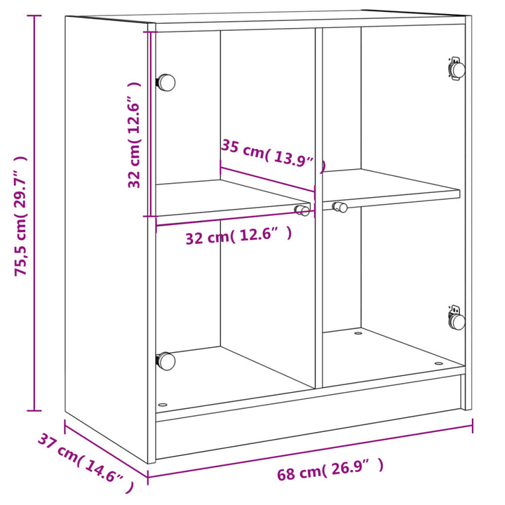skab med glaslåger 68x37x75,5 cm grå sonoma-eg