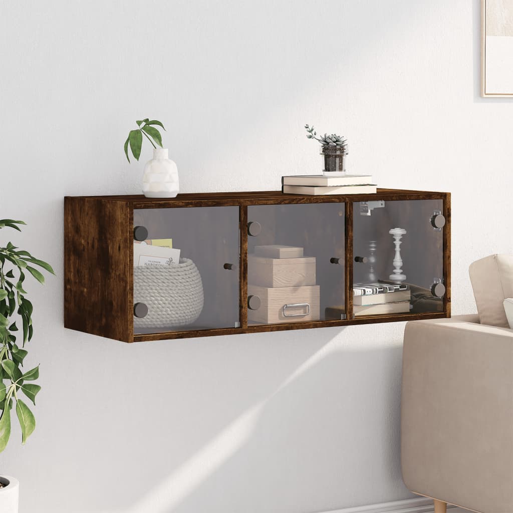 skab med glaslåger 102x37x35 cm røget egetræsfarve
