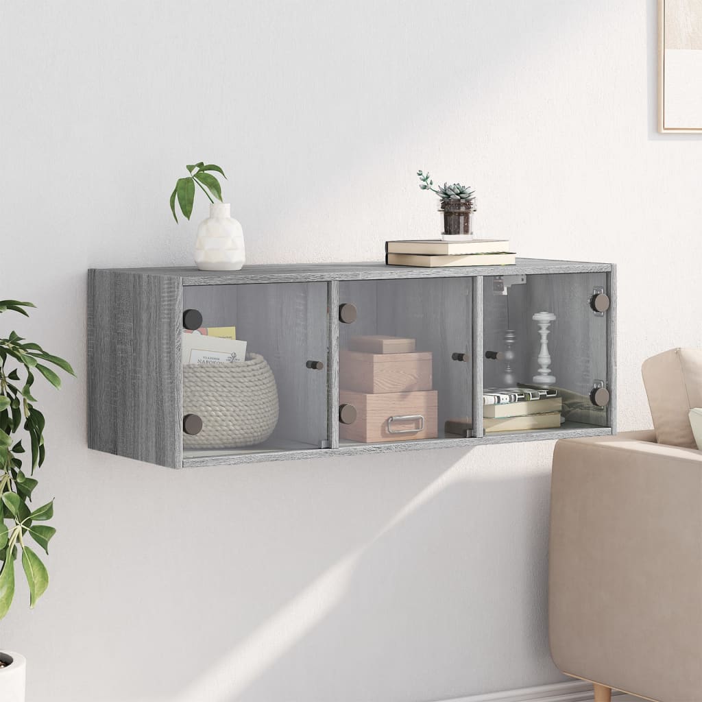 skab med glaslåger 102x37x35 cm grå sonoma-eg