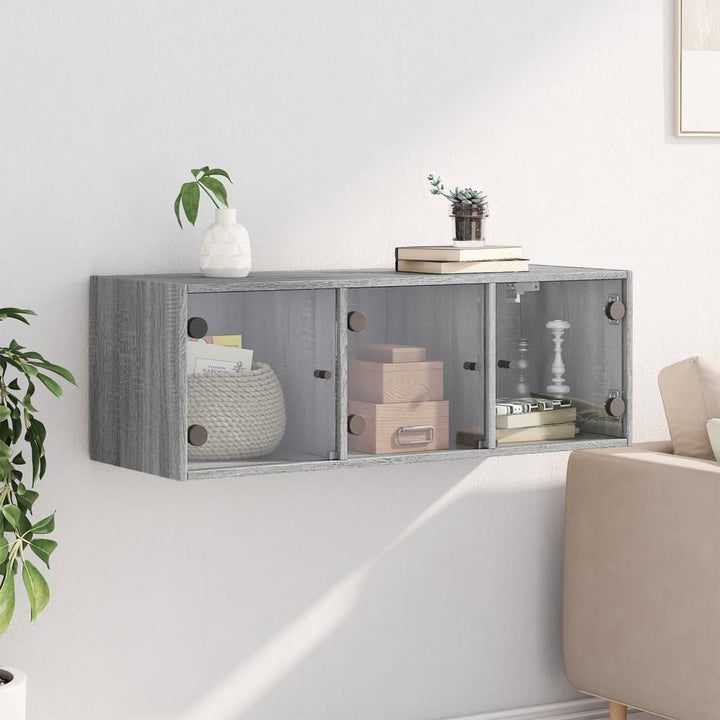 skab med glaslåger 102x37x35 cm grå sonoma-eg