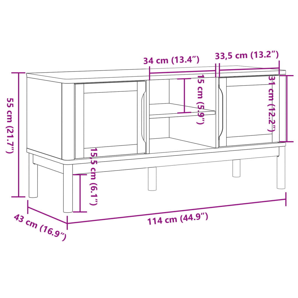 tv-bord FLORO 114x43x55 cm massivt fyrretræ gyldenbrun