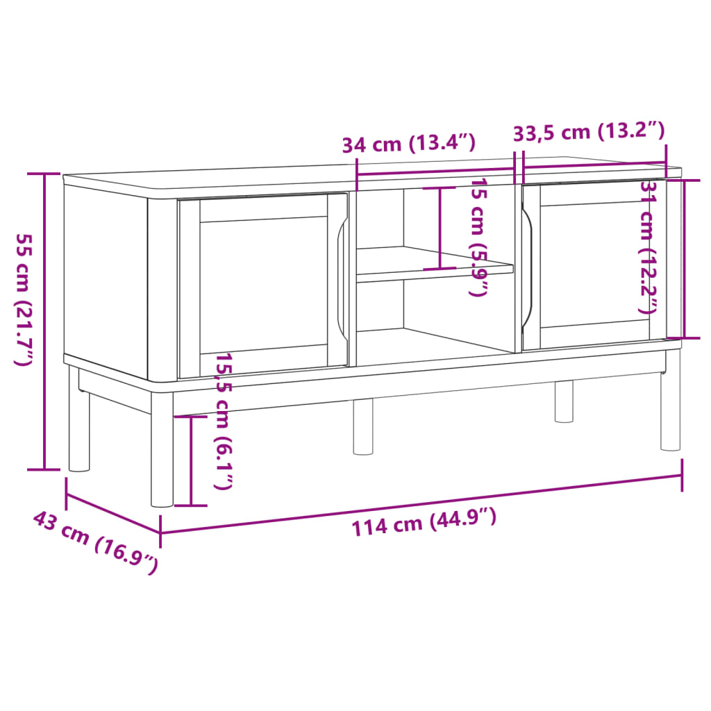 tv-bord FLORO 114x43x55 cm massivt fyrretræ hvid