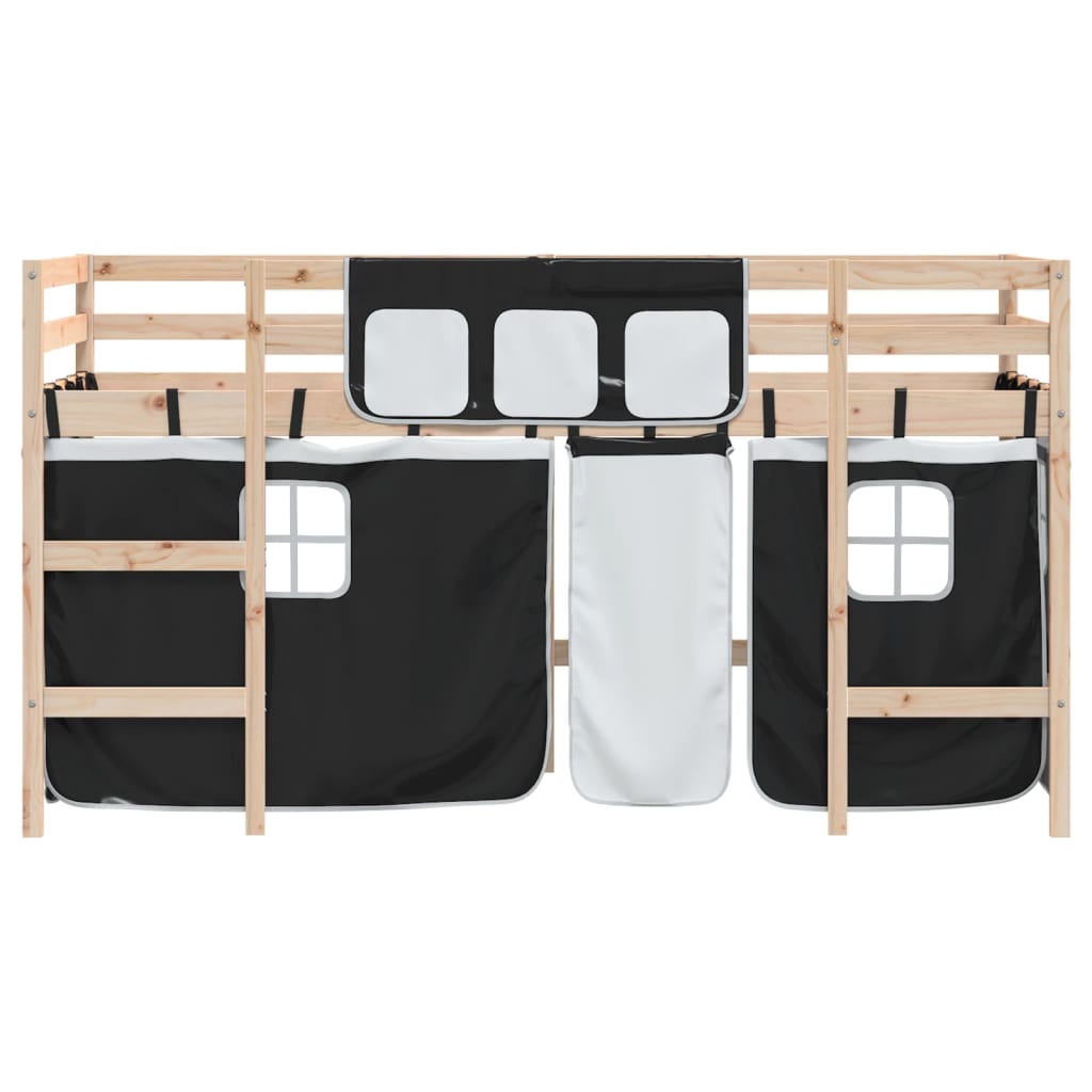 højseng med gardiner 90x190 cm massivt fyrretræ hvid og sort
