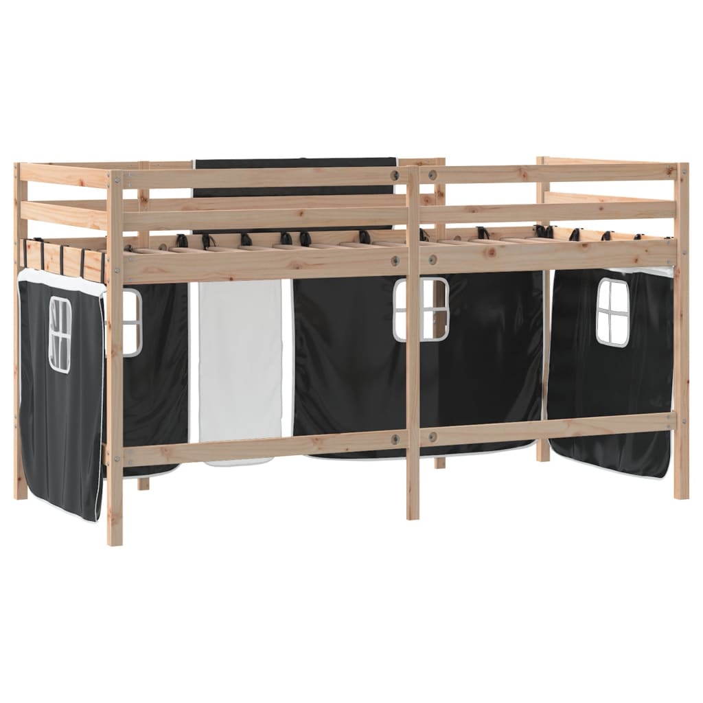 højseng med gardiner 90x190 cm massivt fyrretræ hvid og sort