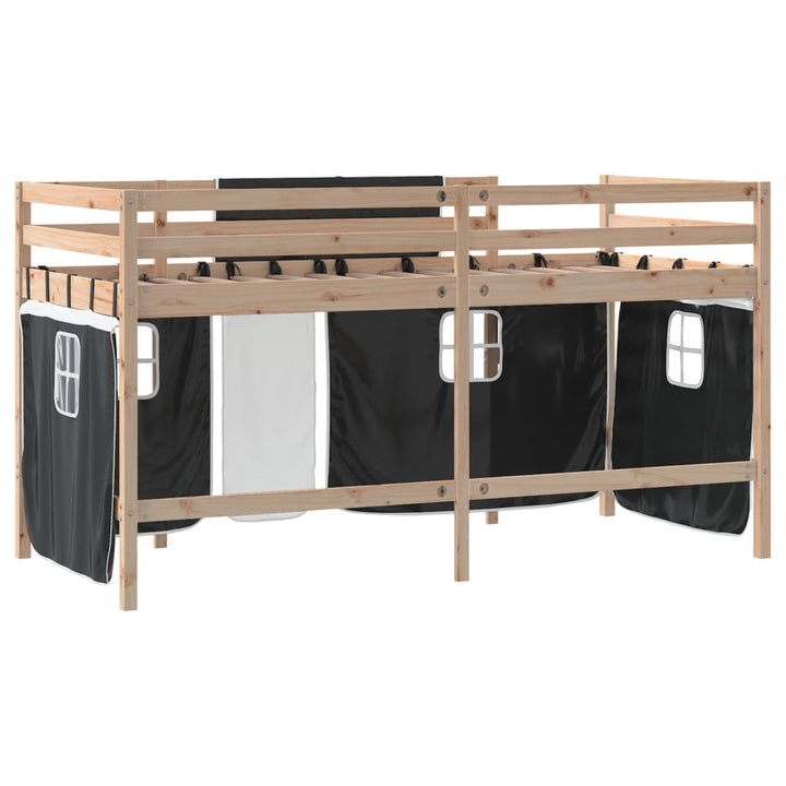 højseng med gardiner 90x190 cm massivt fyrretræ hvid og sort